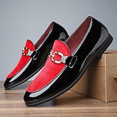 levne Poloformální-pánské luxusní červené sametové a černé lakované mokasíny – stylové slip-on společenské boty s kovovou přezkou na svatby a formální události