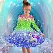 billiga Enhörningsklänning i 3D-Flickor 3D Grafisk Enhörnings Klänning Långärmad Sommar Vår Semester Dagligen Helgdag Prinsessa Skön Ljuv Barn 4-12 år Vardagsklänning A linjeklänning Knälång Normal