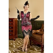 billige 1920-talls kjoler-De livlige 20-årene 1920-tallet Cocktail Kjole Knelengde Flapper kjole Kjoler Drakter Ermeløs Den store Gatsby Charleston Store størrelser Dusk Fjær V-hals Kostyme Dame Karneval Nytt År Maskerade