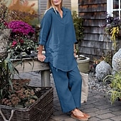 economico Set in cotone e lino-Per donna Moda Streetwear Camicie di cotone e lino Set di biancheria in cotone Set di Pantaloni Manica Lunga Colletto a Camicia Semplice Abbigliamento quotidiano Data Blu Verde Grigio Estate