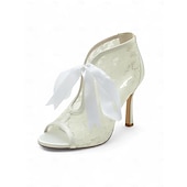 ieftine Casual-papuci de damă din dantelă albă cu vârf deschis la gleznă cu cravată panglică din satin – pantofi de mireasă eleganți cu toc înalt pentru mirese