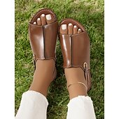 billiga Avslappnade sandaler-bruna sandaler i konstläder med öppen tå för kvinnor – lediga slingback-lägenheter med strassspänne för sommar och vardagsbruk