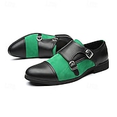 cheap Formal-Men&#039;s Green and Black Suede Double Monk Strap Shoes – Stylish Faux Leather Formal Dress Shoes for Weddings and Business Occasions