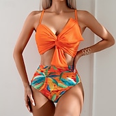abordables Maillots une pièce et tankinis-Femme Tankini Maillot De Bain Deux Pièces V Profond Bretelles Croisées Maillots de Bain Floral Maillots de Bain Jaune foncé Noir / Blanc Respirable Séchage rapide Poids Léger Sans Manches - Natation