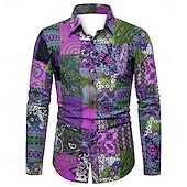 preiswerte Pflanzen Muster-Herren Geometrisch Hemd Boho-Hemd Knopfhemd Langarm Designer Boho Party Kragen Hemdkragen Druck Schwarz Rosa Purpur Grün