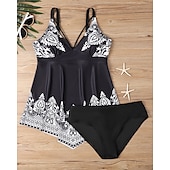 abordables Maillots une pièce et tankinis-Femme Tankini Maillot De Bain Deux Pièces Col en V Maillots de Bain Maillots de Bain Noir / Blanc Blanche Respirable Séchage rapide Poids Léger Sans Manches - Natation Surf Plage Eté Printemps Grande