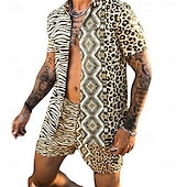 cheap Men&#039;s Printed Shirts Sets-Men&#039;s Leopard Zebra 2pcs Shirts Sets Summer Hawaiian Shirt Short Sleeve Short Pants Turndown Fashion Hawaiian Casual Outdoor Vacation Beach 3D Print Button-Down Summer Spring Black Yellow Pink