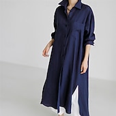 preiswerte Kleider-Damen Langes Kleid Maxikleid Leinen-inspirierte Kleider Hemdblusenkleid Freizeitkleid Baumwoll-Leinenkleid Stilvoll Lässig Urlaub Täglich Date Normale Passform Einfach Langarm Revers Schwarz