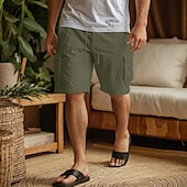 cheap Home-Men&#039;s Cargo Shorts Linen Shorts Summer Shorts Beach Shorts Drawstring Elastic Waist Multi Pocket Plain Comfort Breathable Knee Length Home Daily Beach Fashion Smart Casual White Navy Blue Inelastic