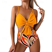 abordables Maillots une pièce et tankinis-Femme Tankini Maillot De Bain Deux Pièces V Profond Bretelles Croisées Maillots de Bain Floral Maillots de Bain Jaune foncé Noir / Blanc Respirable Séchage rapide Poids Léger Sans Manches - Natation
