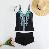 billiga One Pieces &amp; Tankinis-Dam Tankini Tvådelad baddräkt V-ringad Badkläder Badkläder Svart Purpur Andningsfunktion Snabb tork Lättvikt Ärmlös - Simmning Surfing Strand Sommar Vår Plusstorlekar