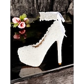 cheap Platform Pumps-Women's White Lace and Pearl Embellished High Heel Platform Wedding Shoes with Ribbon Anklets for Bridal and Formal Ceremonies