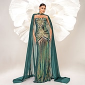 preiswerte GRÜN-Meerjungfrau  Trompete Abendkleid Elegantes Kleid Karneval Abendparty Bodendeckend Ärmellos mit Chiffon Umhang Herz-Ausschnitt mit Glitzer