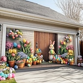 billige Garasje- og dørbanner-Utendørs Garasje Dør Dekorasjon Banner Kanin Egg Stor Bakgrunnsdekorasjon Utendørs Garasje Dør Hjemmevegg Dekorasjoner Arrangement Fest Parade