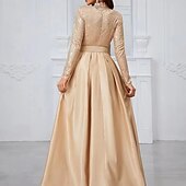 ieftine șampanie-Rochie de seară tip A-Line rochie elegantă pentru petrecere rochie formală de gală cu lungime până la podea cu mânecă lungă cu gât rigid curea/sasch din amestec de bumbac cu spate cowl cu butoane