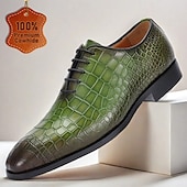 tanie Klasyczne Buty Eleganckie-męskie zielone skórzane buty typu oxford ze wzorem krokodyla – najwyższej jakości skóra bydlęca, sznurowane, na formalne, biznesowe i specjalne okazje