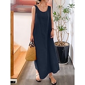 abordables Robes-Femmes Robe Maxi Robes effet lin Robe fourreau Robe Décontractée Mode Basique Moderne Quotidien Vacances Sortir Coupe Ample Uni Sans manches Col en U Jaune Rose Claire Rouge bleu marine Été Printemps