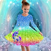 billiga Enhörningsklänning i 3D-Flickor 3D Grafisk Enhörnings Klänning Långärmad Sommar Vår Semester Dagligen Helgdag Prinsessa Skön Ljuv Barn 4-12 år Vardagsklänning A linjeklänning Knälång Normal