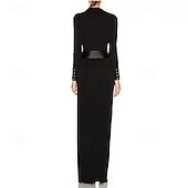 preiswerte SCHWARZ-Glockenkleid  Säulenkleid Abendkleid Partykleid Abendparty Black Tie Gala Bodenlang Lange Ärmel V-Ausschnitt Gürtel  Schärpe Baumwollmischung Rückenschnitt mit Faltenraffung Schlitz