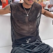 billiga Gym-toppar-Herr Linne Undertröjor Ärmlös tröja Ärmlös Rund halsringning Sommar Slät Mode Sexig Muskel Ihålig Utomhus Utekväll Gym Svart Topp t-shirt för män