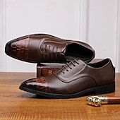 cheap Formal-Men&#039;s Brown Faux Leather Oxford Shoes with Crocodile-Patterned Toe Cap – Lace-Up Design, Stylish and Comfortable for Casual or Formal Occasions