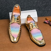 זול נעלי דרבי-נעלי אוקספורד דמוי עור זהב לגברים עם נצנצים קשת בענן ופרטים משובצים - נעלי סטייטמנט למסיבות, חתונות ואירועים מיוחדים