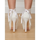 cheap Platform Pumps-Women's White Lace and Pearl Embellished High Heel Platform Wedding Shoes with Ribbon Anklets for Bridal and Formal Ceremonies