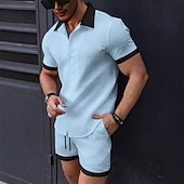 cheap Men&#039;s Tee Sets-Men&#039;s T-shirt Suits 2 Pieces Outfits Tee &amp; Shorts Short Sleeve Lapel Summer Plain Fashion Casual Patchwork 2 Piece Jacquard Vacation Daily Wear Going out Black White Pink Top Tee for Men