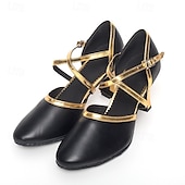 preiswerte Lateinamerikanische Schuhe-schwarze und goldene Tanzschuhe mit gekreuzten Riemchen und niedrigem Absatz für Damen – bequeme Standard- und lateinamerikanische Tanzbekleidung