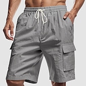 cheap Classic-Men&#039;s Cargo Shorts Shorts Linen Shorts Summer Shorts Beach Shorts Drawstring Elastic Waist Multi Pocket Plain Comfort Breathable Knee Length Outdoor Daily Beach Hawaiian Casual Black White