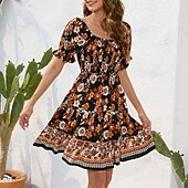 preiswerte Ausgefallene Kleider-Damen Minikleid Casual kleid Sommerkleid Boho-Kleid Elegant Stilvoll Laternenärmel Urlaub Täglich Verabredung Regular Fit Blumen Kurzarm Quadratischer Ausschnitt Schwarz Rosa Blau Sommer