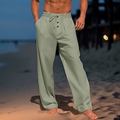 baratos Feriado-Homens Calças de linho Calças Calça verão Calças de gaze Com Cordão Cintura elástica Perna reta Tecido Conforto Respirável Comprimento total Diário Feriado Praia Férias Moda Branco Azul Céu