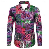 preiswerte Pflanzen Muster-Herren Geometrisch Hemd Boho-Hemd Knopfhemd Langarm Designer Boho Party Kragen Hemdkragen Druck Schwarz Rosa Purpur Grün