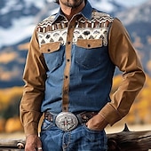 cheap Men&#039;s Western Shirts-Men&#039;s Ethnic Western Shirt Cowboy Shirt Long Sleeve Western Casual Spring Fall Turndown Button Up Pocket Blue
