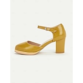 olcso Block Heels-női sárga mary jane blokk sarokpumpák kerek orrral és állítható pánttal retro stílushoz, irodai viselethez és hivatalos eseményekhez