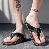 abordables Sandalias de vestir-Chanclas vintage de piel sintética marrón para hombre: sandalias de verano con punta abierta hechas a mano con suela antideslizante para playa, viajes y uso informal