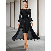 voordelige Jurkensets voor mama-Twee Delige Sheath Moeder van de Bruid Jurk Formele Bruiloft Gast Elegante Feest Off Shoulder Knie Lengte Chiffon Kant Imiteerde Zijde 3/4 Lengte Mouw met Strik(ken) 2025 gratis op maat