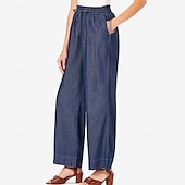cheap Wide Leg &amp; High Waisted-Women&#039;s Linen Pants Pants Trousers Lightweight Casual Full Length Mid Rise Plain Pocket Drawstring Breathability Comfortable Inelastic Home Casual Daily Light Sky Blue Navy Summer Spring Regular Fit