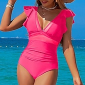 billiga One Pieces &amp; Tankinis-Dam Baddräkt Volang Djup V-hals Badkläder Solid färg Badkläder Svart Rodnande Rosa Andningsfunktion Snabb tork Lättvikt Ärmlös - Simmning Surfing Strand Sommar Vår