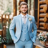 abordables Trajes de boda-Trajes de Boda de Verano para Hombre en Azul Cielo Salvia Color Sólido Ajuste Estándar 3 Piezas De Un Solo Botón