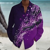 preiswerte Bedruckte Herrenhemden-Herren Feder Hawaiihemd Sommerhemd Knopfhemd Aloha-Shirt Langarm Hawaiianisch Urlaub Frühling Herbst Umlegekragen Knopf hoch Violett Blau Grün Pfauenblau
