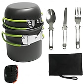 お買い得  キャンプキッチン-キャンプ用調理器具セット、ノンスティック軽量キャンプ用ミニポットパンストーブセット、ステンレススチールケトルプレートスプーン付き、バックパッキング、ハイキング、アウトドア料理、ピクニック用