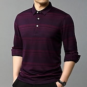 cheap Men&#039;s Elite Polo-Men&#039;s Wool Lyocell Blend Business Casual Classic Long Sleeve Vintage Fashion Striped Buttons Spring Fall Dark Red Dark Green