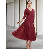 economico Lunghezza del pavimento-Abito per la madre della sposa A-Line invitata a un matrimonio elegante taglie forti scollo a V lunghezza tè in chiffon pizzo manica 3/4 con ruches applicazioni 2025 taglia personalizzata gratuita