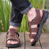 billiga Avslappnade sandaler-bruna sandaler i konstläder för män - justerbara remmar, halkfri sula och andningsbar design för utomhus- och fritidskläder på sommaren