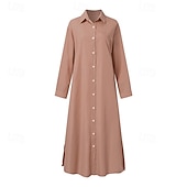 cheap Dresses-Women&#039;s Long Dress Maxi Dress Linen-Inspired Dresses Shirt Dress Casual Dress Cotton Linen Dress Stylish Casual Vacation Daily Date Regular Fit Plain Long Sleeve Lapel Pink Navy Blue Brown Summer