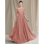 olcso Padlóhossz-A-vonalú Kölcsönanyai Ruha Elegáns Ékszer Nyak Padló Hosszú Chiffon Csipke 3/4 Hosszú Ujjú Ráncokkal Appliques