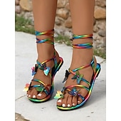 cheap Vacation Sandals-Women&#039;s Rainbow Strappy Flat Sandals with Butterfly Decorations – Eye-Catching and Comfortable for Summer, Beach and Festival Wear