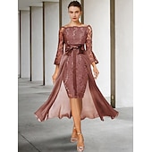 voordelige Jurkensets voor mama-Twee Delige Sheath Moeder van de Bruid Jurk Formele Bruiloft Gast Elegante Feest Off Shoulder Knie Lengte Chiffon Kant Imiteerde Zijde 3/4 Lengte Mouw met Strik(ken) 2025 gratis op maat