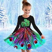 cheap 3D Shining Vision Dress-Girls&#039; 3D Graphic Animal Peacock Dress Long Sleeve Summer Spring Vacation Daily Holiday Princess Beautiful Sweet Kids 4-12 Years Casual Dress A Line Dress Knee-length Regular Fit